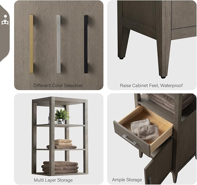 Vanity Art 21" Bathroom Vanity with Storage Cabinet & Shelves, Storage Cabinet with Soft-Closing Doors, VA90-LC-DG-GB1