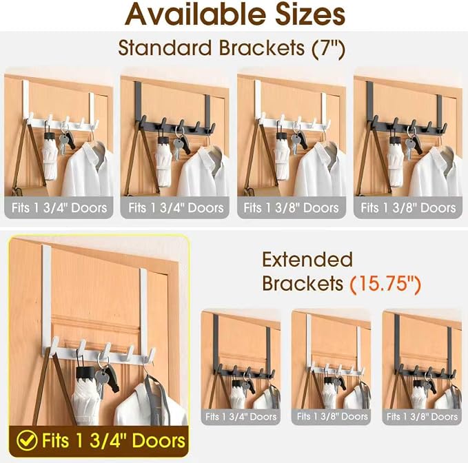 Long Over The Door Hooks with 15.75-inch Arms for Easier Access By Women, Heavy Duty Door Hanger for Winter Coat, L16U, Fits Standard 1 3/4'' Doors, Towel Racks Organization, White