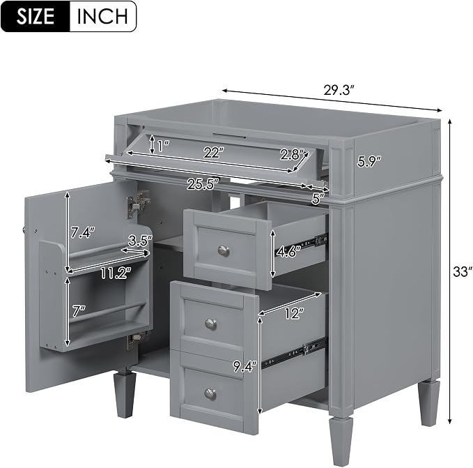 30" Bathroom Vanity Without Top Sink,Modern Freestanding Bath Storage Cabinet with 2 Soft-Close Drawers and Tip-Out Tray & Cabinet Door Organizer,Adjustable Shelf,Easy Assembly,Grey