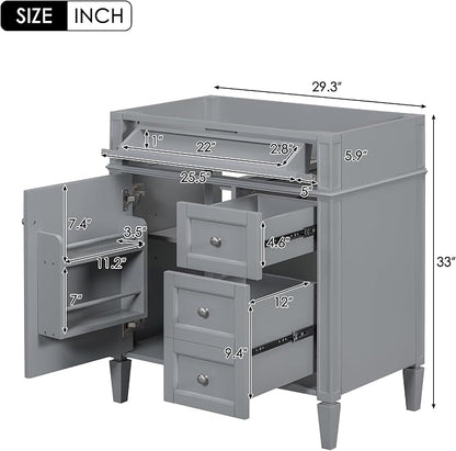 30" Bathroom Vanity Without Top Sink,Modern Freestanding Bath Storage Cabinet with 2 Soft-Close Drawers and Tip-Out Tray & Cabinet Door Organizer,Adjustable Shelf,Easy Assembly,Grey