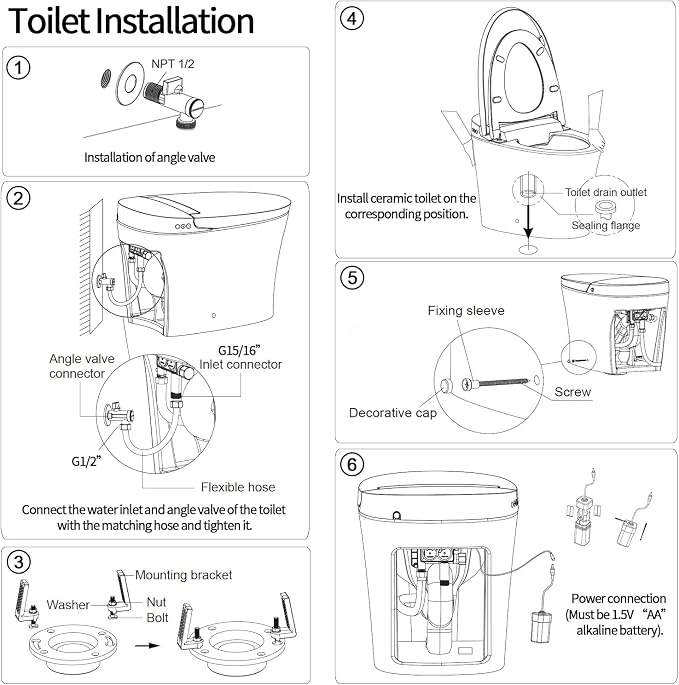 R&T W5100S Tankless Smart Toilet Touchless Auto Flush 1.28-GPF Battery-Operated One-Piece HET Intelligent Toilet for Bathroom, Foot Kick & Manual, Without Bidet