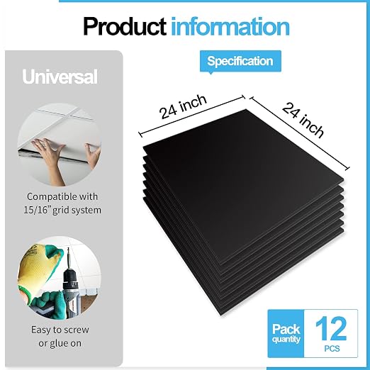 Art3d 12-Pack Smooth Drop Ceiling Tile 2ft x 2ft - Fire-Rated, Waterproof, Reusable - Premium PVC, No Sag and Breakage - Cover 48 Sq. Ft, Black | 2 x 2 ft, PVC, Waterproof, Fire-Rated, Reusable, Compatible with Grid System, Perfect for Living Room