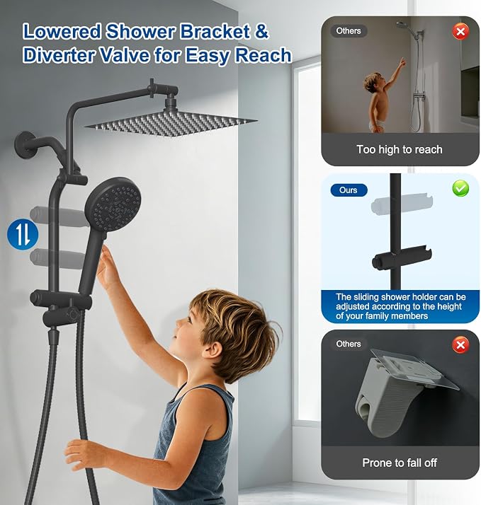 Metal 12" Rain Showerhead with 10-Spray Handheld, Easy Reach 4-way Diverter | Matte Black Finish, Upgraded High Pressure Shower Head with Pause Mode, 71" Stainless Steel Hose/12" Extension Arm