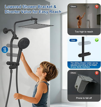 Metal 12" Rain Showerhead with 10-Spray Handheld, Easy Reach 4-way Diverter | Matte Black Finish, Upgraded High Pressure Shower Head with Pause Mode, 71" Stainless Steel Hose/12" Extension Arm