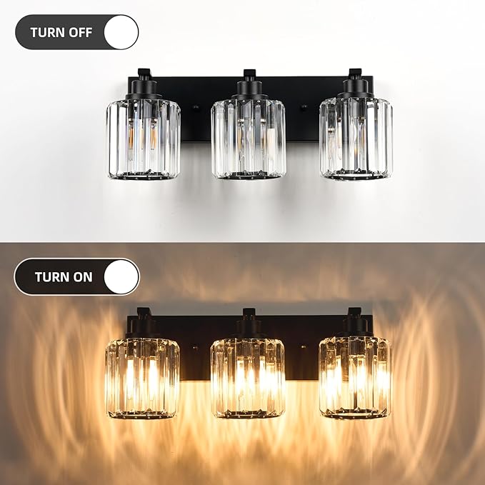 3 Lights Crystal Bathroom Vanity Light Modern Black Bathroom Light Fixture Over Mirror Vanity Lights for Bedroom,Restroom,Hallway E26 Base