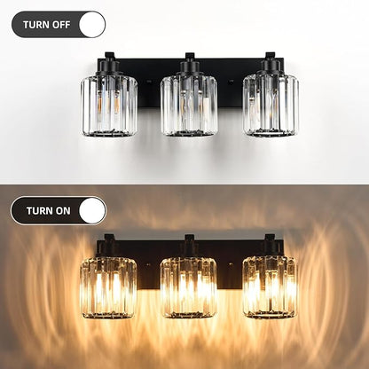 3 Lights Crystal Bathroom Vanity Light Modern Black Bathroom Light Fixture Over Mirror Vanity Lights for Bedroom,Restroom,Hallway E26 Base