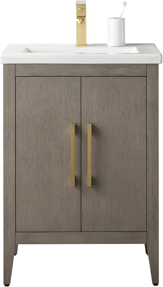 Vanity Art 24 inch Bathroom Vanity with Single Sink & Ceramic Top, Vanity Cabinet with Soft-Closing Doors, Solid Wood Frame, Driftwood Gray, VA9024-DG-GB1
