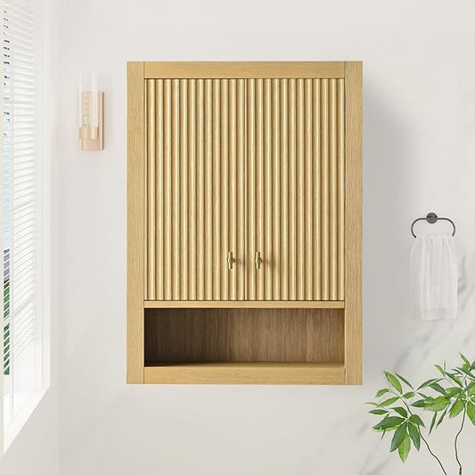 HOMEBEYOND 24 Inches Bathroom Vanity Wall Mount Storage Cabinet & Shelves, Free-Standing Vanity with Soft-Closing Doors, Golden Brushed Handware, Natural Oak