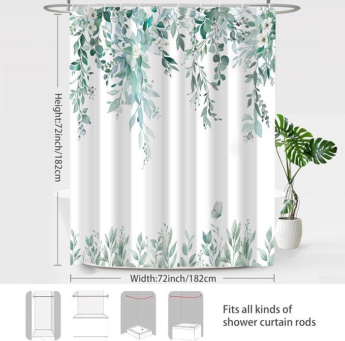 Teal Floral Eucalyptus Shower Curtain with Hooks, 72x72 Inch | Waterproof Fabric, Watercolor Leaves and Floral, Botanical Style, Machine Washable, Quick-Drying, for Hotel Bathroom