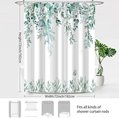Teal Floral Eucalyptus Shower Curtain with Hooks, 72x72 Inch | Waterproof Fabric, Watercolor Leaves and Floral, Botanical Style, Machine Washable, Quick-Drying, for Hotel Bathroom