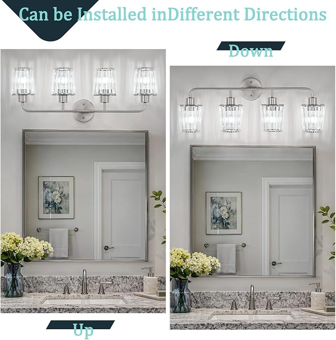 Brushed Nickel Vanity Lights 4-Light Crystal Bathroom Light Fixtures | Modern Bathroom Vanity Light E26 Wall Light over Mirror (Exclude Bulb)