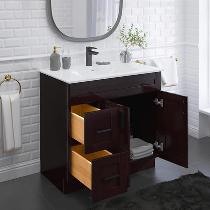 36" Espresso Shaker Bathroom Vanity Base – Ready-to-Assemble Sink Cabinet with Drawers, Shaker Style Storage, Base Only, No Top or Sink