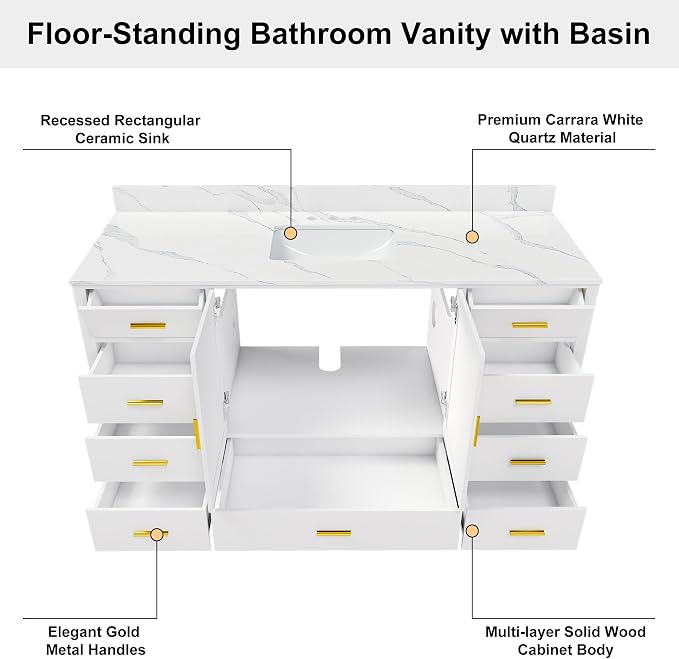 60 Inch Bathroom Vanity with Sink&Countertop,Carrara White Quartz Counter Top with Sink&Backsplash,White Bathroom Cabinet Set with 2 Doors and 9 Drawer(Three Holes)