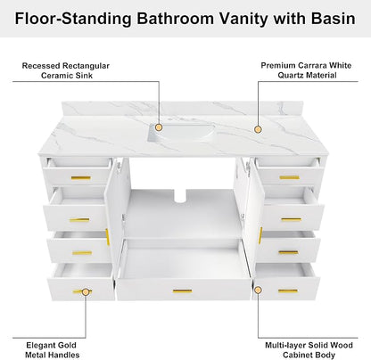 60 Inch Bathroom Vanity with Sink&Countertop,Carrara White Quartz Counter Top with Sink&Backsplash,White Bathroom Cabinet Set with 2 Doors and 9 Drawer(Three Holes)