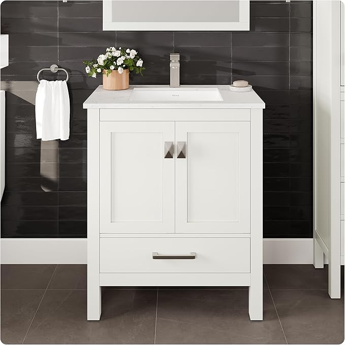 Eviva London 30 in. White Single Sink Bath Vanity with Carrara Quartz Top and Undermount Porcelain Sink