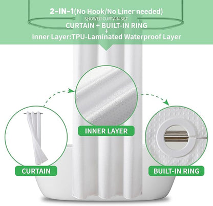 eachope No Hook Waffle Shower Curtain, No Liner Needed, 36x74 Inch, White | 100% waterproof TPU-laminated backing, magnetic weighted hem, machine washable, for bathroom, hotel, or shower stall use