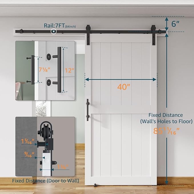 40''x84'' Sliding Barn Door with 7 Ft Barn Door Hardware Kit | Pre-Drilled Holes Easy Assembly - Include Installation Manual, Water-Proof PVC Surface, H-Frame, White