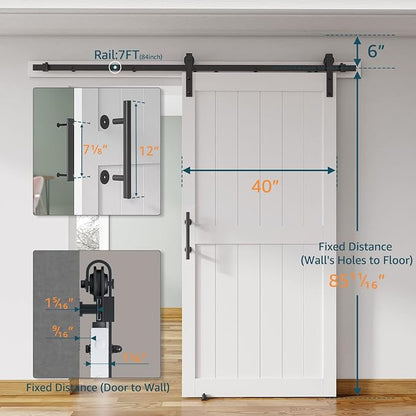 40''x84'' Sliding Barn Door with 7 Ft Barn Door Hardware Kit | Pre-Drilled Holes Easy Assembly - Include Installation Manual, Water-Proof PVC Surface, H-Frame, White