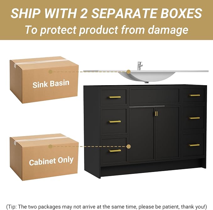 48 Inch Freestanding Bathroom Vanity with Sink, Shaker Style Black Double Sink Cabinet with 6 Drawers & Double Doors, Waterproof Lacquer Finish, Large Storage for Master Bathroom & Family Home