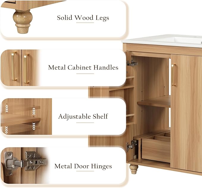 LUMISOL 30" Bathroom Vanity with Sink, Small Single Bathroom Vanity with Drawer and Soft-Close Doors, Storage Racks, Wooden Freestanding Bathroom Cabinet with Ceramic Sink, Natural