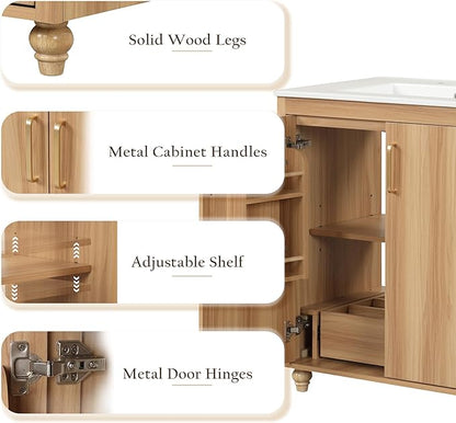 LUMISOL 30" Bathroom Vanity with Sink, Small Single Bathroom Vanity with Drawer and Soft-Close Doors, Storage Racks, Wooden Freestanding Bathroom Cabinet with Ceramic Sink, Natural
