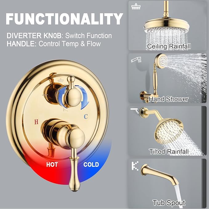 Enga Antique Shower Faucet Sets Dual Heads with Tub Spout 8" Ceiling & 6" Wall Mount Vintage Shower Head Handheld Spray Combo, 4 Way Diverter Brass with Trim Kit, Bright Gold