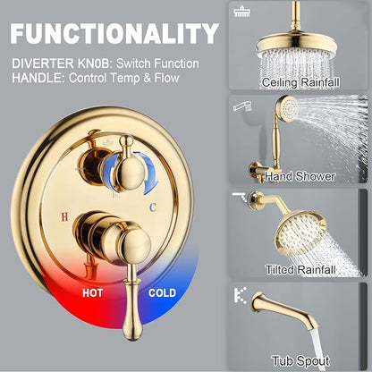Enga Antique Shower Faucet Sets Dual Heads with Tub Spout 8" Ceiling & 6" Wall Mount Vintage Shower Head Handheld Spray Combo, 4 Way Diverter Brass with Trim Kit, Bright Gold
