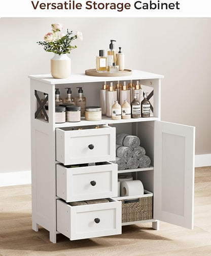 Homhedy Bathroom Storage Cabinet with 3 Drawers, Toilet Paper Cabinet | Farmhouse Freestanding Floor Cabinet with Door and Adjustable Shelf, Small Cabinet for Bathroom, Living Room, White