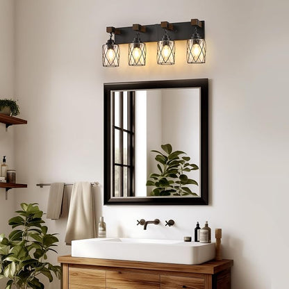 Bathroom Light Fixtures, Farmhouse Black Metal with Glass Shade | 4 Light Rustic Vanity Lights, Wood Accent Wire Cage Design, Mounts Over Mirror, Ideal for Bedroom & Hallway,Easy to Install