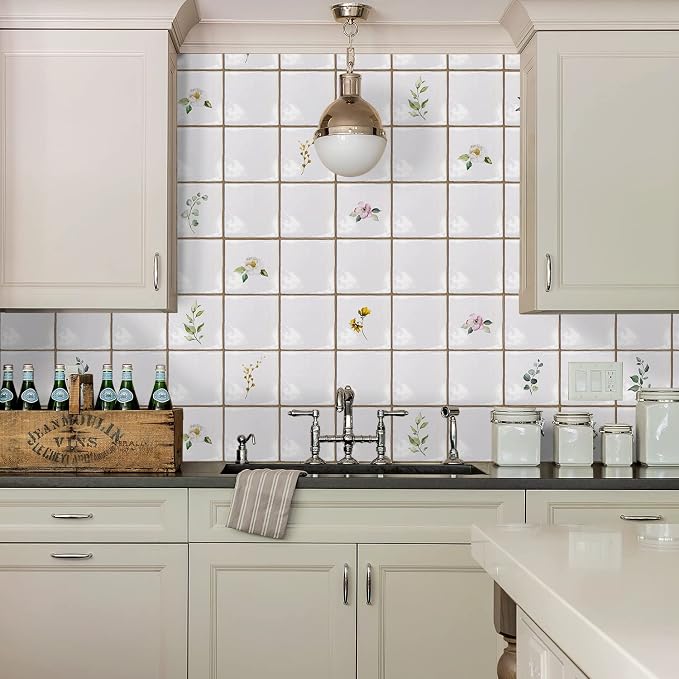 Alwayspon Vinyl Sticker Peel and Stick, Self-Adhesive Wall Tile Transfers Backsplash Sticker Decal for Kitchen Bathroom, 6x6inch/15x15cm 30Pcs, Leaves T031