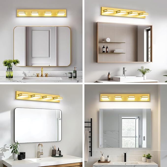 LED Modern Bathroom Light Fixtures, 4-Light 30-Inch Gold Vanity Lights for Bathroom Lighting Fixtures Over Mirror, 350° Rotatable Acrylic, 6000K Cool White Wall Lamp