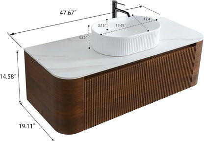 48" Preassembled Floating Bathroom Vanity with White Sink, Walnut | Mid-Century Modern Style, Fluted & Soft-Close Drawer with U-shaped Wall, Sinterted Stone Countertop, Towel Rack Included