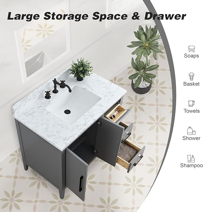 HomeBeyond 36 Inch Bathroom Vanity with Sink & Ceramic Top, Single Vanity Cabinet with Basin, Soft-Closing Doors & Matte Black Hardware, Grey