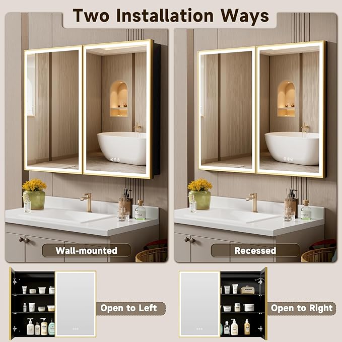 24X30 Inches Framed Medicine Cabinet with Lights, Bathroom Medicine Cabinet with 3-Color/Dimmable, Anti-Fog, Plug-in & Hardwired, Surface Mount & Recessed