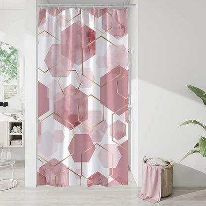 Litabel Small Stall Shower Curtain Set, Geometric Bathroom Decor 36x72 | Narrow Half Modern Minimalist Shower Curtais, Pink Geometric Art Print Abstract Waterproof Bath Curtain