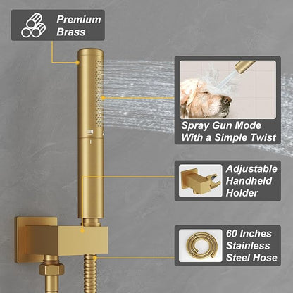 12 Inch Rainfall Shower System Rain Shower Head Combo Shower Faucet Fixture | Shower Head and Handle Set Wall Mounted Shower Mixer Kit Valve Gold