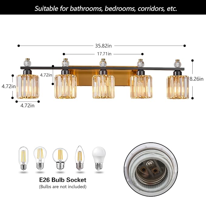 Bathroom Vanity Lights 5-Light Black Gold Modern Crystal Vanity Light Fixtures Over Mirror Crystal Bathroom Vanity Lighting Fixtures