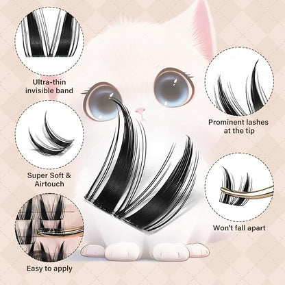 JMS&JMS Cat Lash Clusters Bunny Style Anime Eyelashes Spikes Lash Clusters | C Curl 8-18mix Invisible Band Lash Clusters Cat Wispy Natural Lashes Clusters for DIY at Home