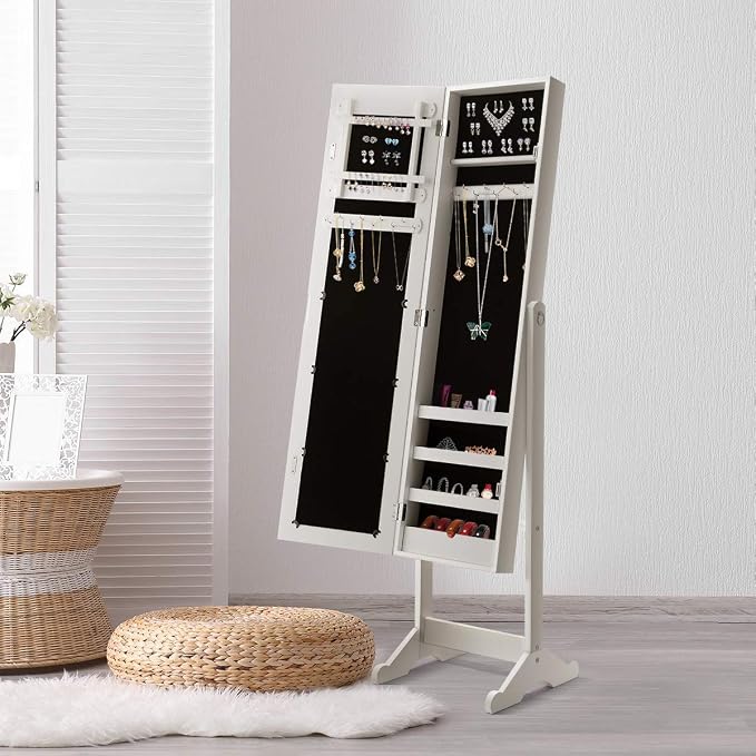 HOMGX Wood Standing Jewelry Cabinet, Jewelry Armoire with Mirror, Jewelry Organizer Storage (White)