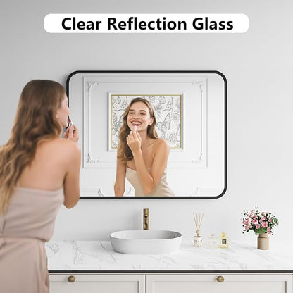 Koonmi Bathroom Mirror, 32X40 Brushed Black Metal Framed Wall-Mounted Mirror for Over Sink, HD Tempered Glass, Anti-Rust, Rounded Rectangle Mirror for Restroom, Bedroom, Hangs Horizontal or Vertical