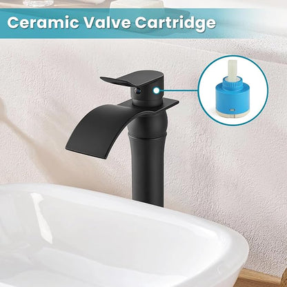 gotonovo Waterfall Vessel Sink Faucet for Sink 1 Hole,Single Handle Tall Bathroom Sink Faucet,Brass Waterfall Bathroom Faucet Arc Body Mixer Tap with Pop Up Drain and Supply Line,Matte Black