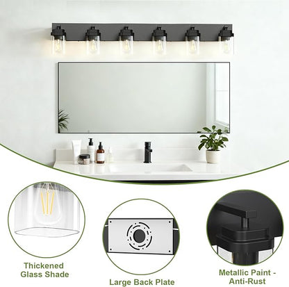 Black Bathroom Light Fixtures, 6 Lights Bathroom Lighting Fixtures Over Mirror, Square Design & Rectangle Large Backplate, Modern Vanity Lighting Fixtures, for Bathroom/Living Room/Bedroom