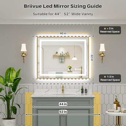 40x32 Inch LED Bathroom Mirror with Gold Frame, Backlit & Front Lit, Anti-Fog Lighted Bathroom Vanity Mirror for Wall, Memory Function, Dimmable, HD Tempered Glass, Shatter-Proof