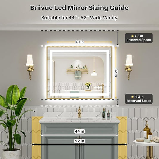 40x32 Inch LED Bathroom Mirror with Gold Frame, Backlit & Front Lit, Anti-Fog Lighted Bathroom Vanity Mirror for Wall, Memory Function, Dimmable, HD Tempered Glass, Shatter-Proof