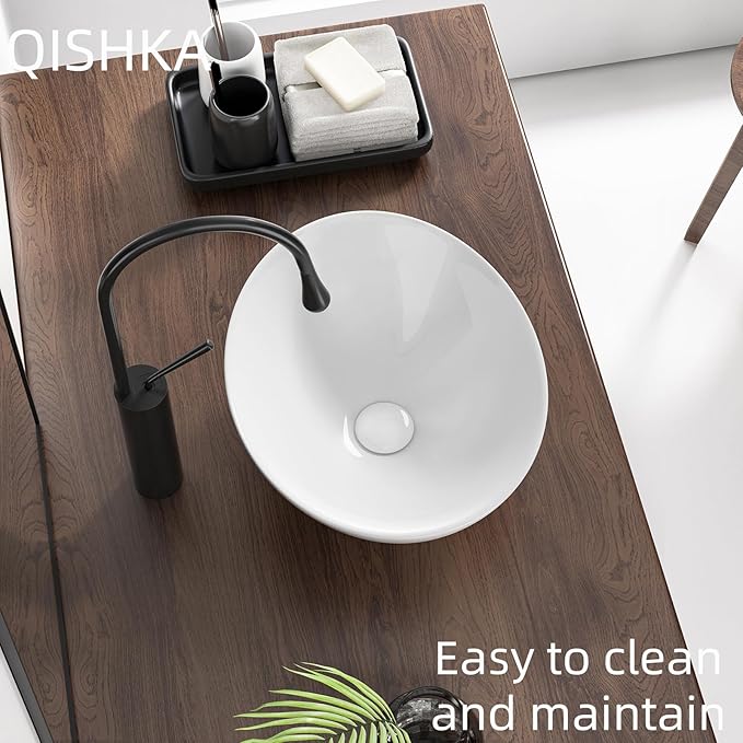 Oval Bathroom Vessel Sink Above Counter, QISHKA 16" x 13" Countertop Vanity Sink Modern Art Basin Lavatory White Ceramic White Bowl Sink