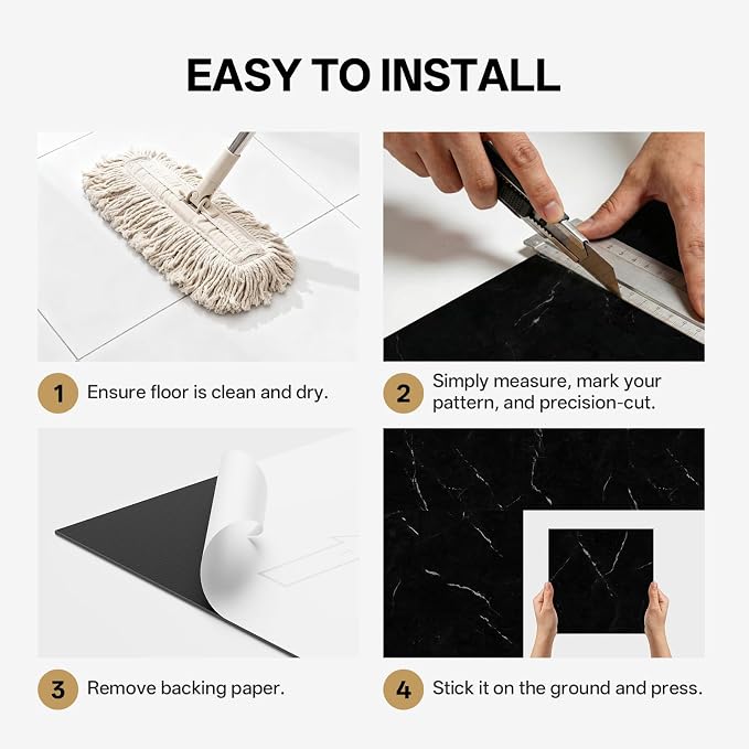 ATOPOSE Black Marble Peel and Stick Floor Tile 10-Pack 12"x12" — Waterproof Vinyl Flooring, Self-Adhesive Floor Tile and Easy to Clean for Kitchen Bathroom Living Room