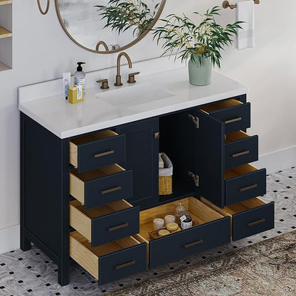 ARIEL Cambridge 54-inch Bathroom Vanity with Sink,Solid Wood, 1.5-inch Pure White Quartz Countertop, Single Rectangular Porcelain Sink, 2 Soft Closing Doors, 9 Dovetail Drawers, Midnight Blue