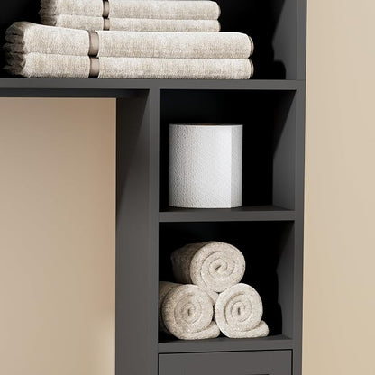 Homhedy Wooden Over The Toilet Storage Cabinet, Natural and Black | Bathroom Organizer with Rattan Decorated Doors, Adjustable Shelves, Toilet Paper Holder, for Small Spaces
