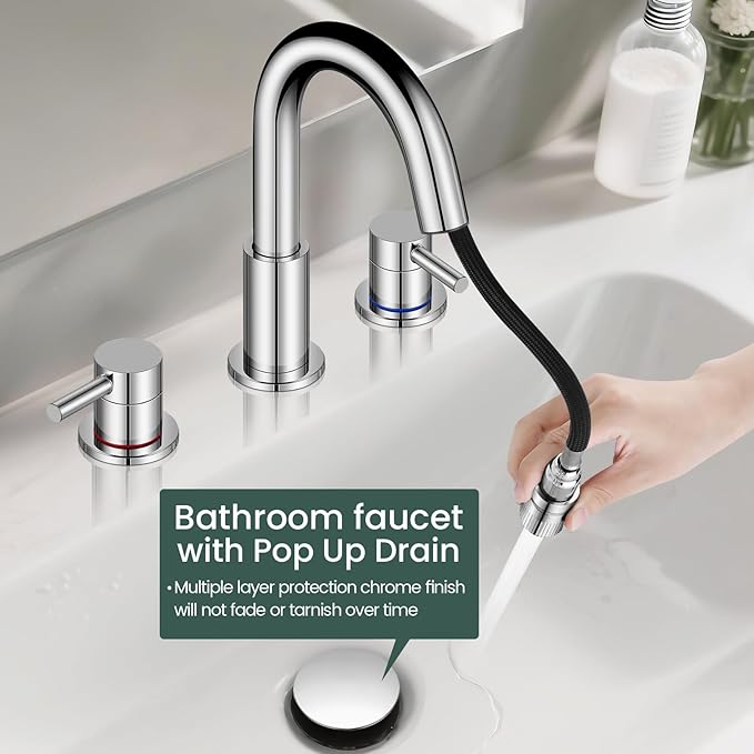 Pull Down Bathroom Faucet for Sink 3 Hole,8 inch Widespread Chrome Bathroom Sink Faucet with Pop Up Drain, Water Supply Hoses