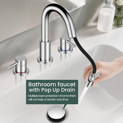 Pull Down Bathroom Faucet for Sink 3 Hole,8 inch Widespread Chrome Bathroom Sink Faucet with Pop Up Drain, Water Supply Hoses